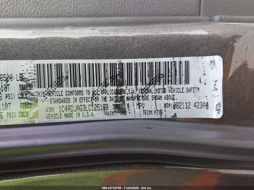 2020 Dodge Durango Sxt Plus Awd VIN: 1C4RDJAG3LC125168 Lot: 43732785