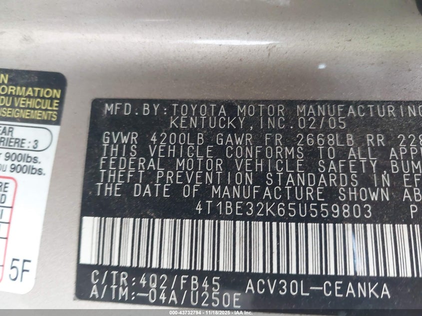 4T1BE32K65U559803 2005 TOYOTA CAMRY photo no. 9