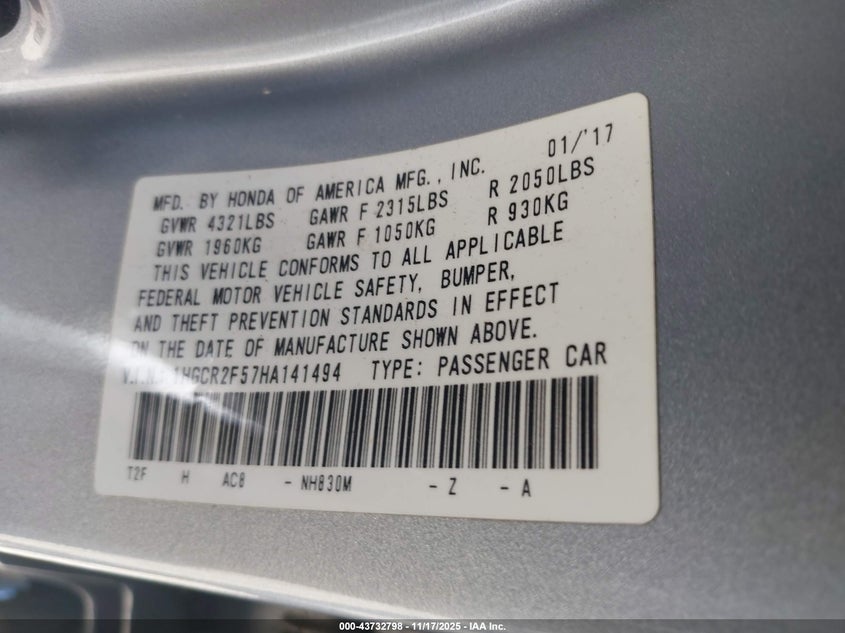 1HGCR2F57HA141494 2017 HONDA ACCORD photo no. 9