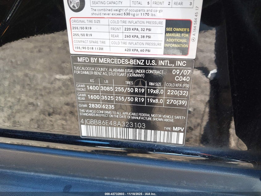 2008 Mercedes-Benz Ml 350 4Matic VIN: 4JGBB86E48A323103 Lot: 43732803