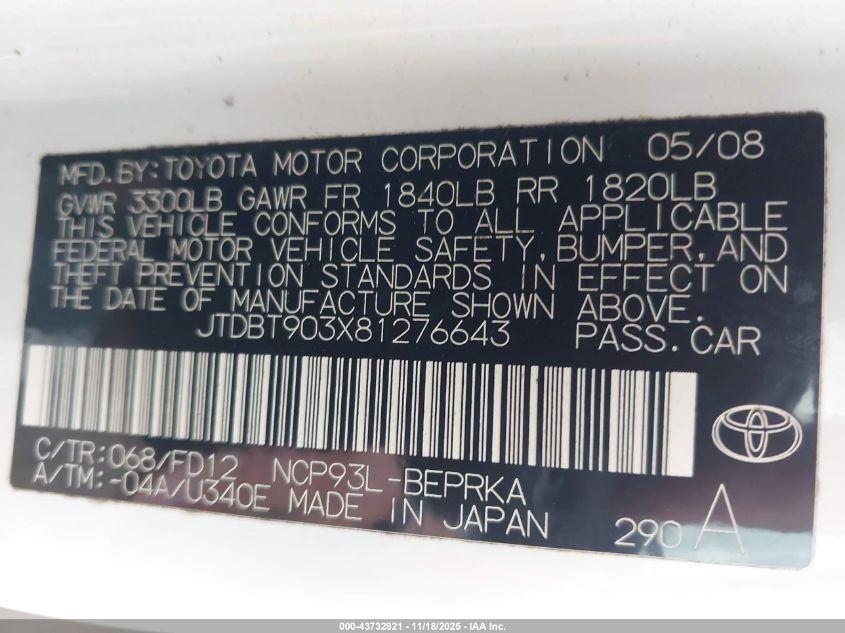 2008 Toyota Yaris VIN: JTDBT903X81276643 Lot: 43732821