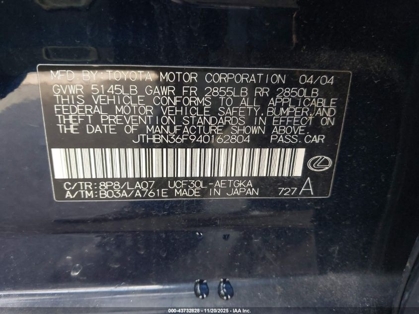 2004 Lexus Ls 430 VIN: JTHBN36F940162804 Lot: 43732828