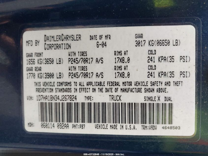 2004 Dodge Ram 1500 Slt/Laramie VIN: 1D7HA18N34J267824 Lot: 43732846
