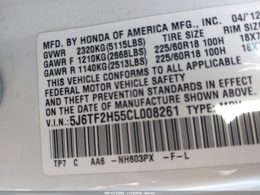 2012 Honda Crosstour Ex-L VIN: 5J6TF2H55CL008261 Lot: 43732864