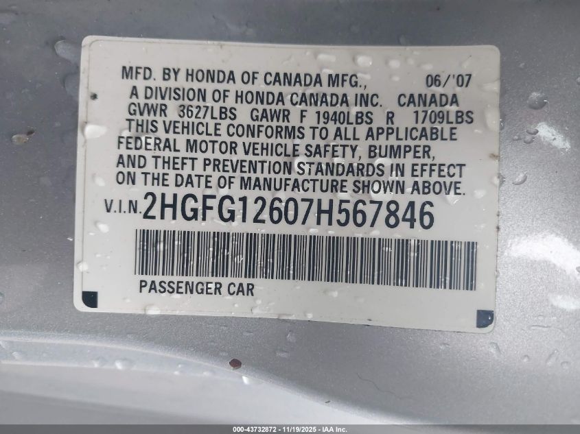 2007 Honda Civic Lx VIN: 2HGFG12607H567846 Lot: 43732872