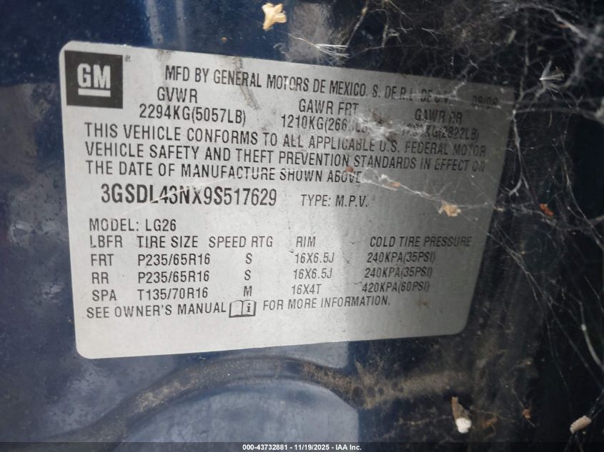 2009 Saturn Vue V6 Xe VIN: 3GSDL43NX9S517629 Lot: 43732881