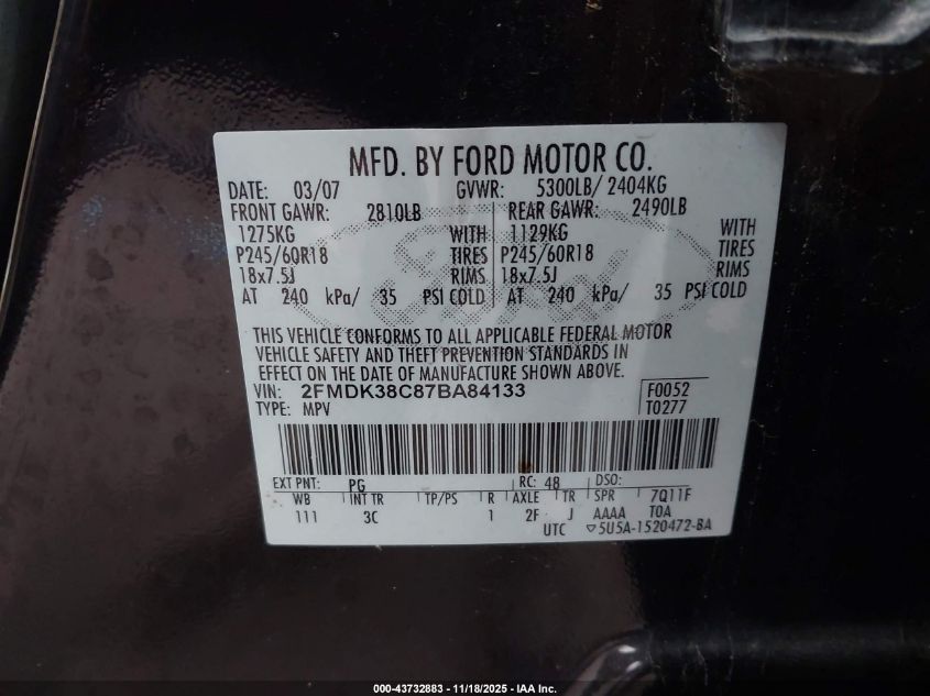 2007 Ford Edge Sel VIN: 2FMDK38C87BA84133 Lot: 43732883
