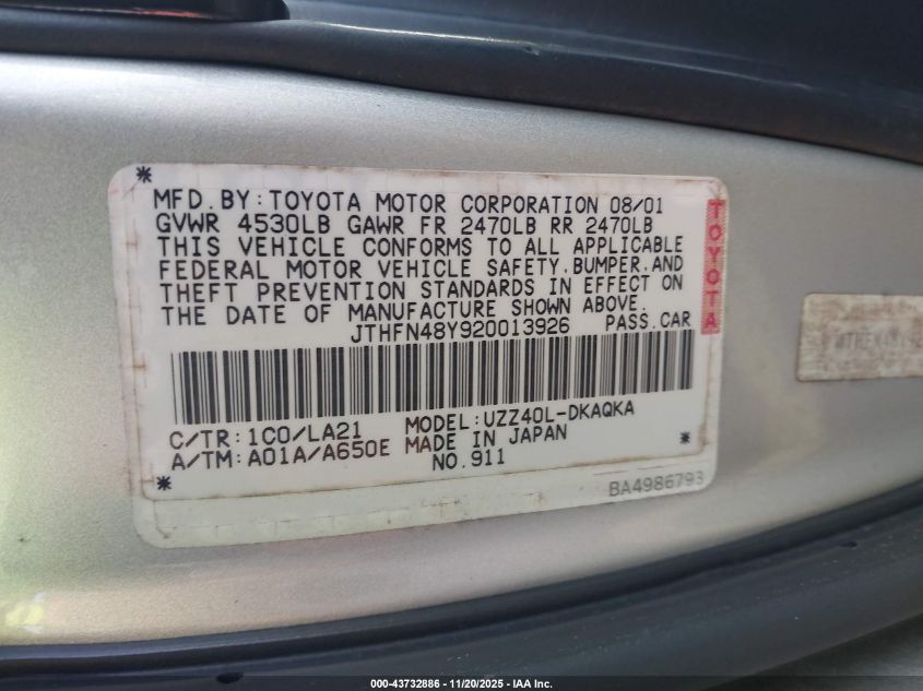 2002 Lexus Sc 430 VIN: JTHFN48Y920013926 Lot: 43732886