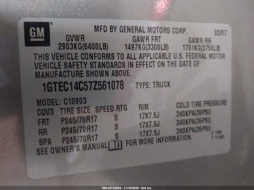 2007 GMC Sierra 1500 Work Truck VIN: 1GTEC14C57Z561078 Lot: 43732904