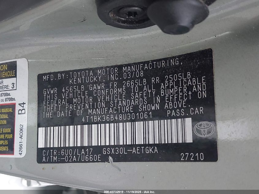 2008 Toyota Avalon Xls VIN: 4T1BK36B48U301061 Lot: 43732919