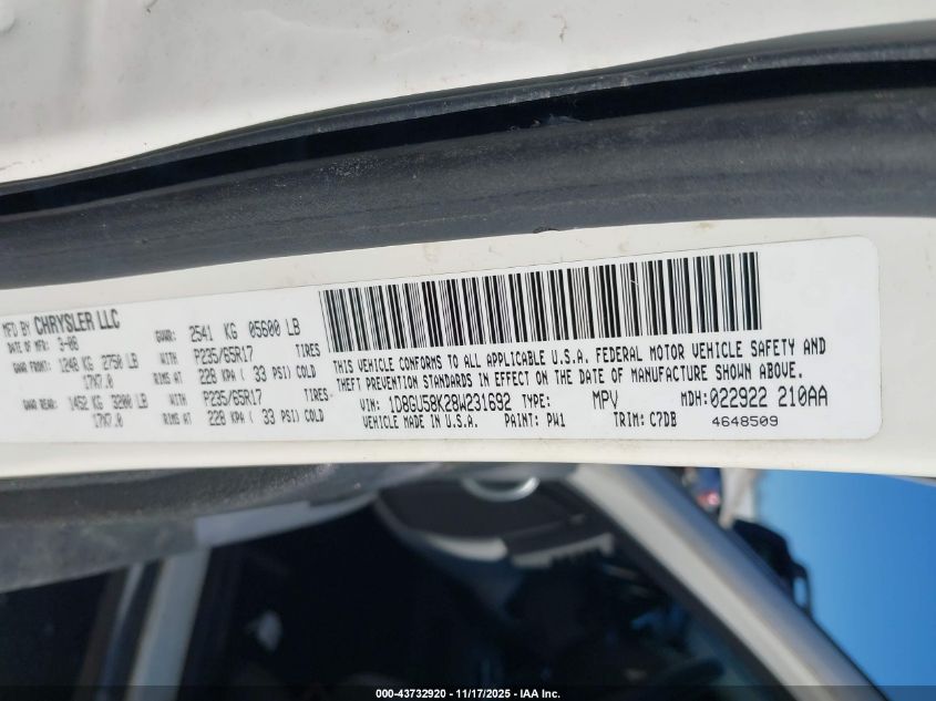 2008 Dodge Nitro Slt/Rt VIN: 1D8GU58K28W231692 Lot: 43732920