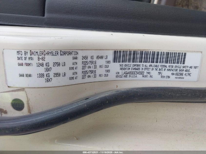 2003 Jeep Grand Cherokee Laredo VIN: 1J4GW48S83C545922 Lot: 43732921