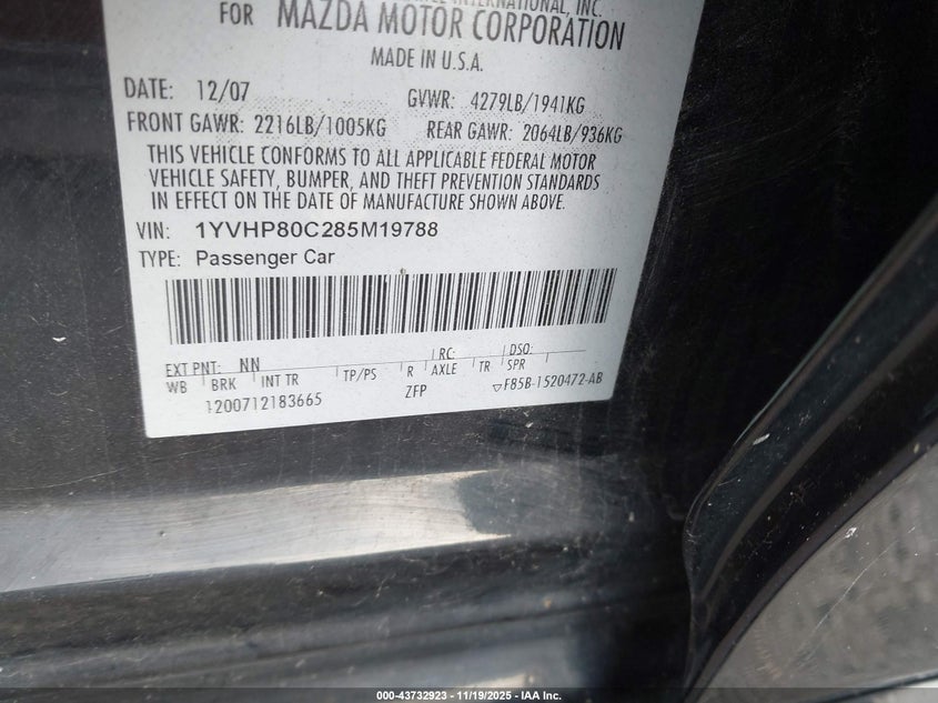 2008 Mazda Mazda6 I Sport Ve VIN: 1YVHP80C285M19788 Lot: 43732923