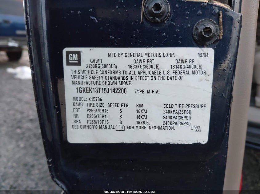 2005 GMC Yukon Slt VIN: 1GKEK13T15J142200 Lot: 43732928
