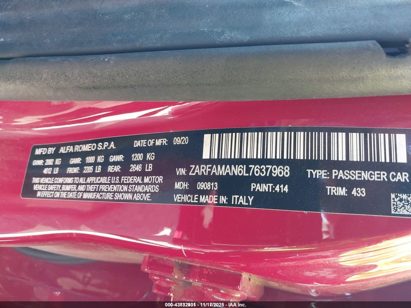 2020 Alfa Romeo Giulia Rwd VIN: ZARFAMAN6L7637968 Lot: 43732931
