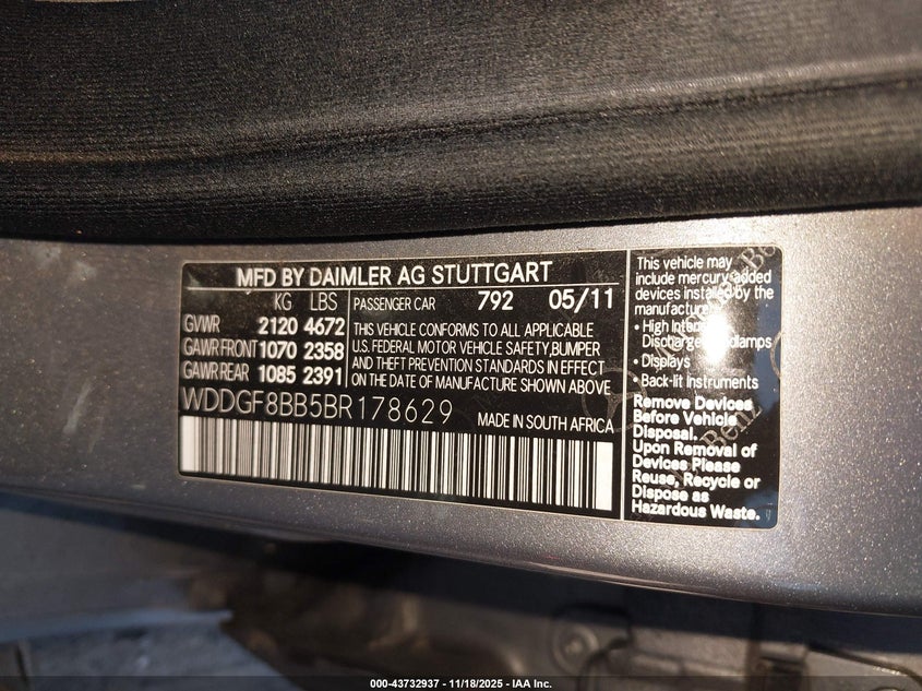 2011 Mercedes-Benz C 300 Sport 4Matic VIN: WDDGF8BB5BR178629 Lot: 43732937