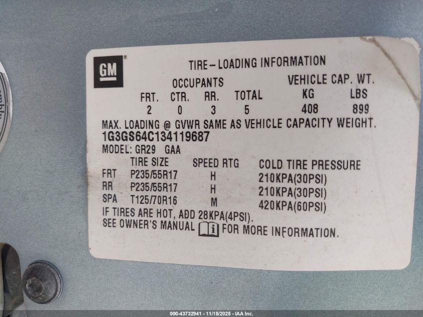 2003 Oldsmobile Aurora 4.0 VIN: 1G3GS64C134119687 Lot: 43732941