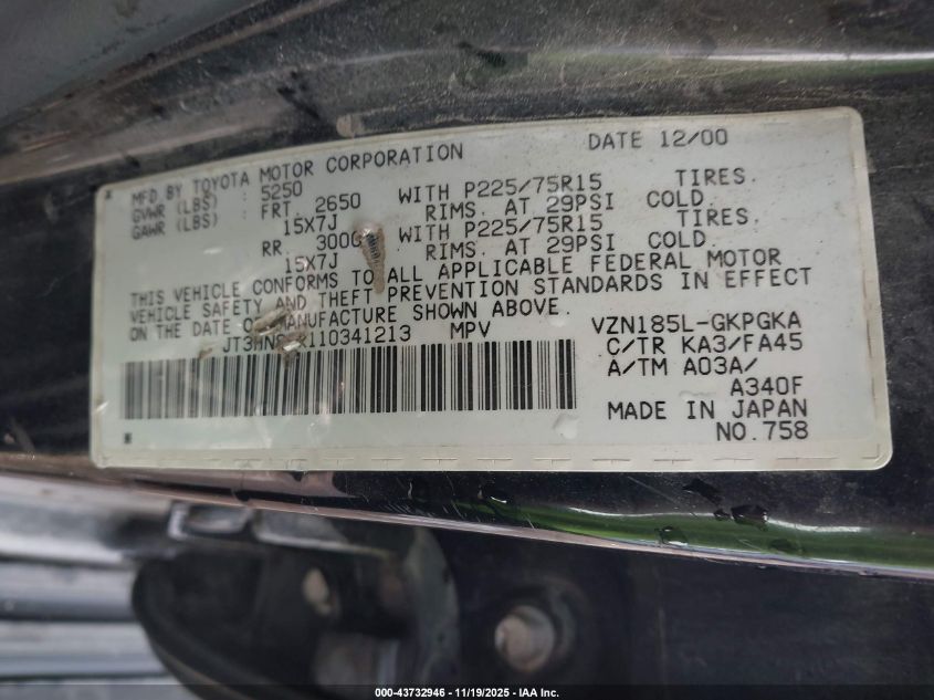 2001 Toyota 4Runner Sr5 V6 VIN: JT3HN86R110341213 Lot: 43732946