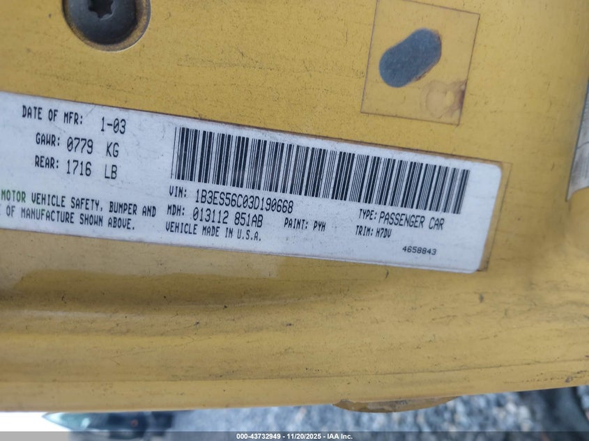 2003 Dodge Neon Sxt VIN: 1B3ES56C03D190668 Lot: 43732949