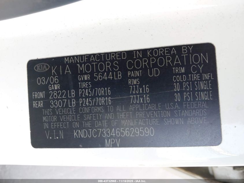 2006 Kia Sorento Ex/Lx VIN: KNDJC733465629590 Lot: 43732965