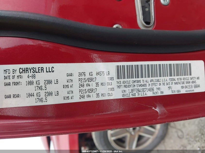 2008 Jeep Patriot Sport VIN: 1J8FF28W18D714696 Lot: 43732967