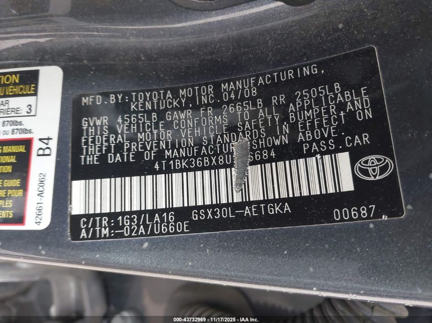 2008 Toyota Avalon Xls VIN: 4T1BK36BX8U306684 Lot: 43732969