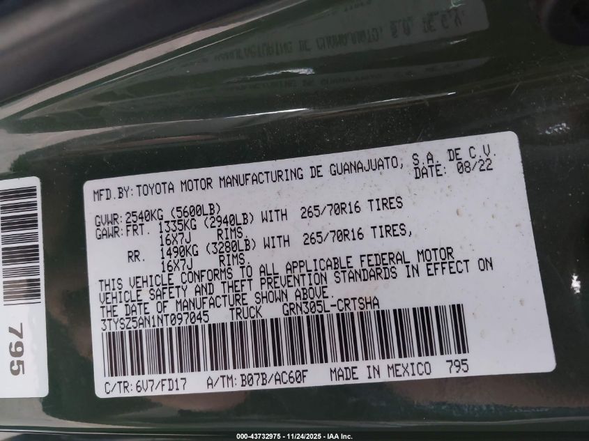2022 Toyota Tacoma Trd Off Road VIN: 3TYSZ5AN1NT097045 Lot: 43732975