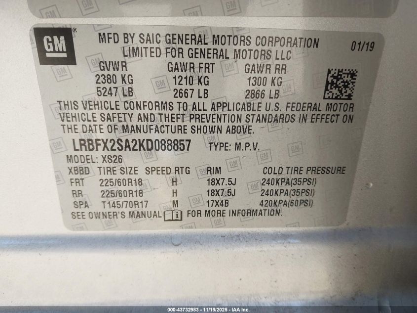 2019 Buick Envision Awd Essence VIN: LRBFX2SA2KD088857 Lot: 43732983