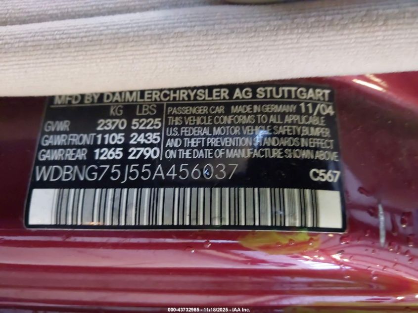 2005 Mercedes-Benz S 500 VIN: WDBNG75J55A456037 Lot: 43732985