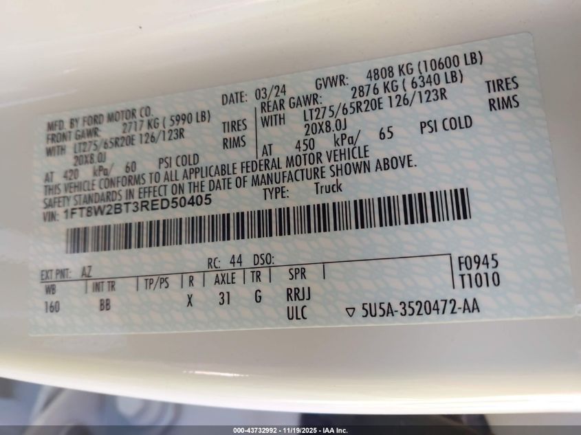 2024 Ford F-250 Platinum VIN: 1FT8W2BT3RED50405 Lot: 43732992