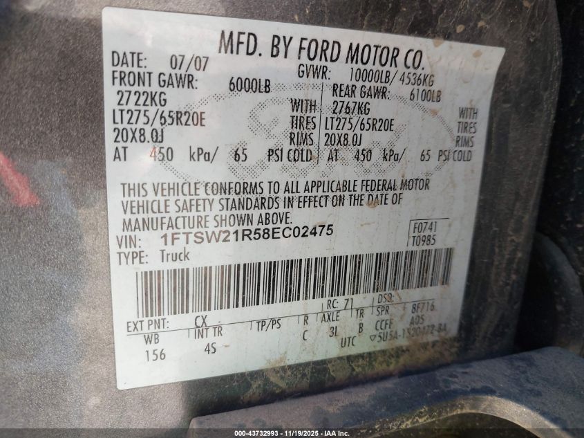2008 Ford F-250 Fx4/Harley-Davidson/King Ranch/Lariat/Xl/Xlt VIN: 1FTSW21R58EC02475 Lot: 43732993