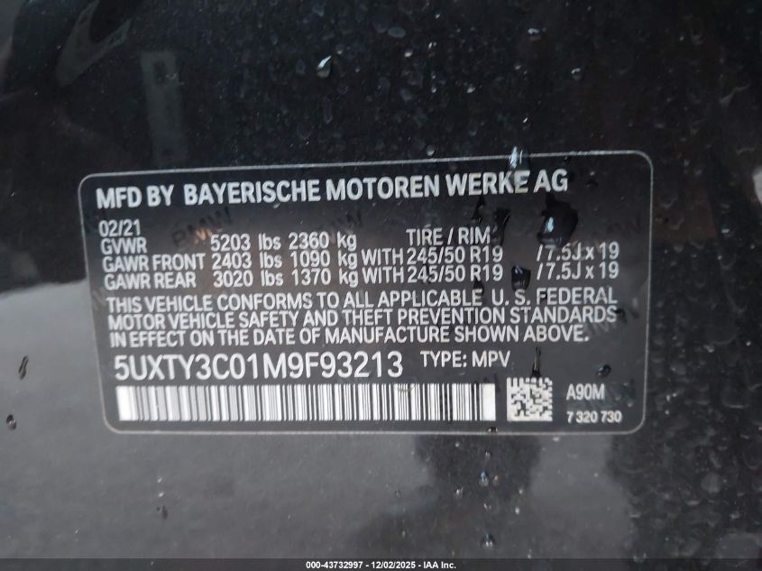 2021 BMW X3 Sdrive30I VIN: 5UXTY3C01M9F93213 Lot: 43732997