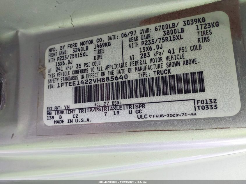 1997 Ford E-150 Standard VIN: 1FTEE1422VHB85640 Lot: 43733000