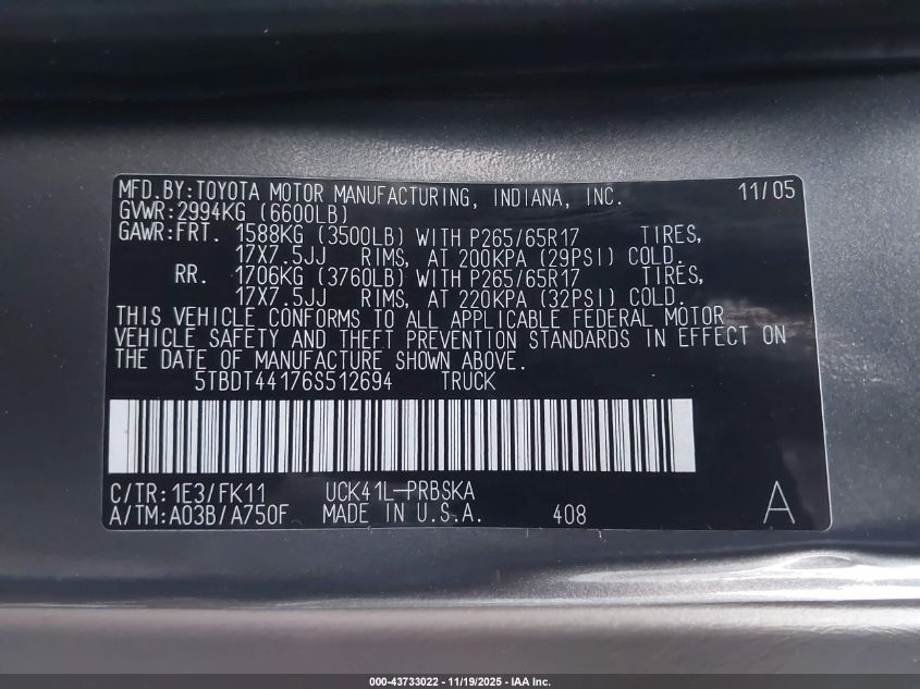 2006 Toyota Tundra Sr5 V8 VIN: 5TBDT44176S512694 Lot: 43733022