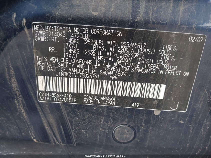 2007 Toyota Rav4 Limited V6 VIN: JTMBK31V175025761 Lot: 43733028