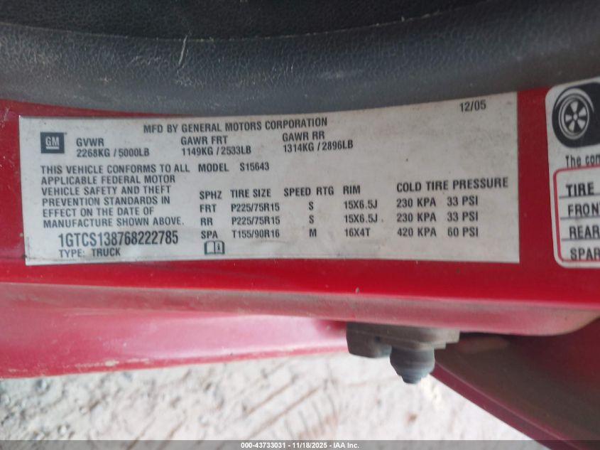 2006 GMC Canyon Sle1 VIN: 1GTCS138768222785 Lot: 43733031