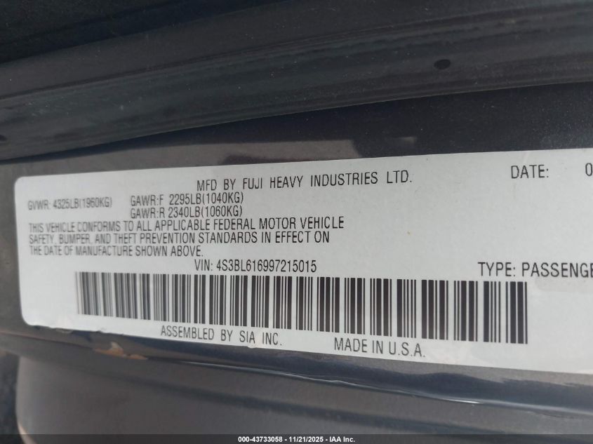 2009 Subaru Legacy 2.5I VIN: 4S3BL616997215015 Lot: 43733058