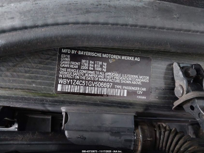 2016 BMW I3 Base W/Range Extender VIN: WBY1Z4C51GV506697 Lot: 43733073