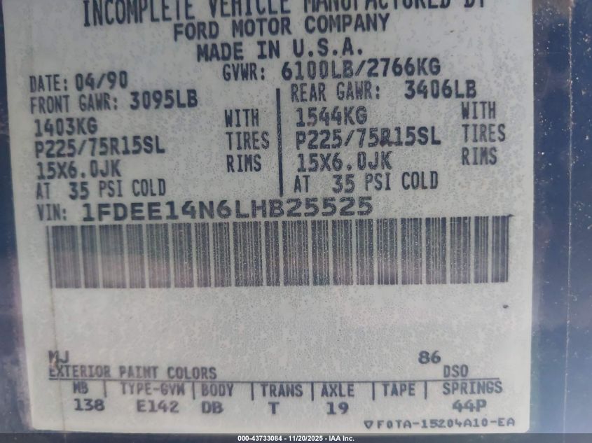 1990 Ford Econoline E150 Van VIN: 1FDEE14N6LHB25525 Lot: 43733084