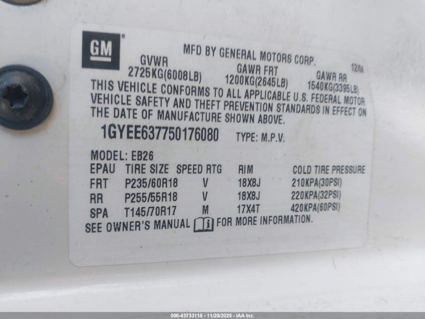 2005 Cadillac Srx V6 VIN: 1GYEE637750176080 Lot: 43733118