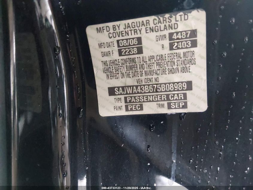 2007 Jaguar Xk VIN: SAJWA43B675B08989 Lot: 43733123