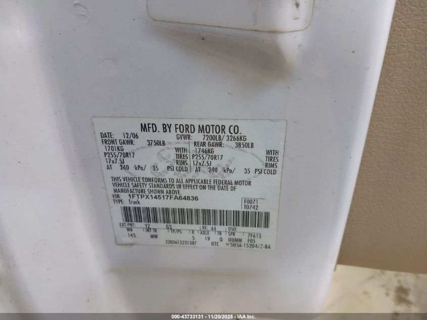 2007 Ford F-150 Fx4/Lariat/Xl/Xlt VIN: 1FTPX14517FA64836 Lot: 43733131