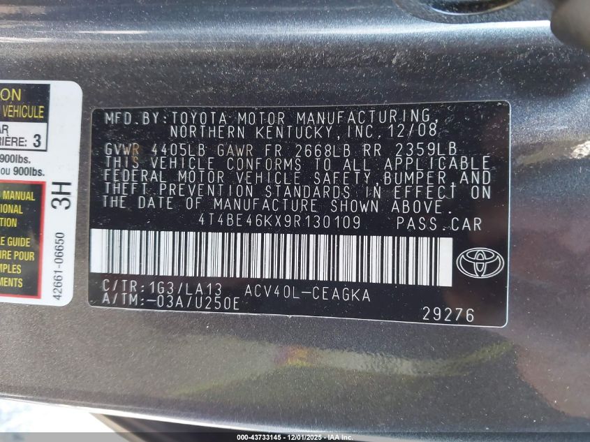 2009 Toyota Camry Xle VIN: 4T4BE46KX9R130109 Lot: 43733145