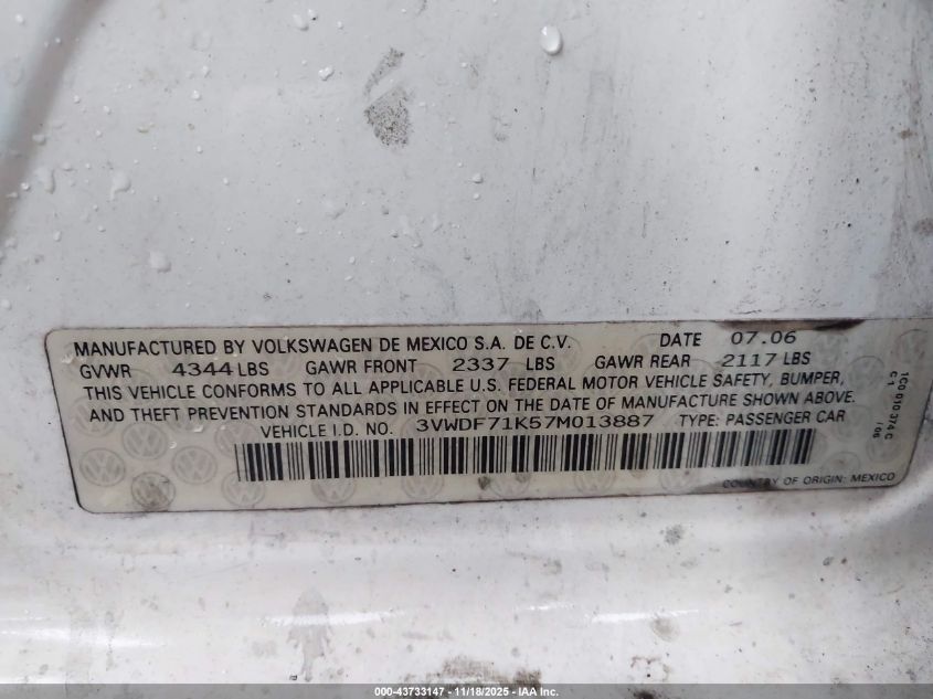 2007 Volkswagen Jetta 2.5 VIN: 3VWDF71K57M013887 Lot: 43733147