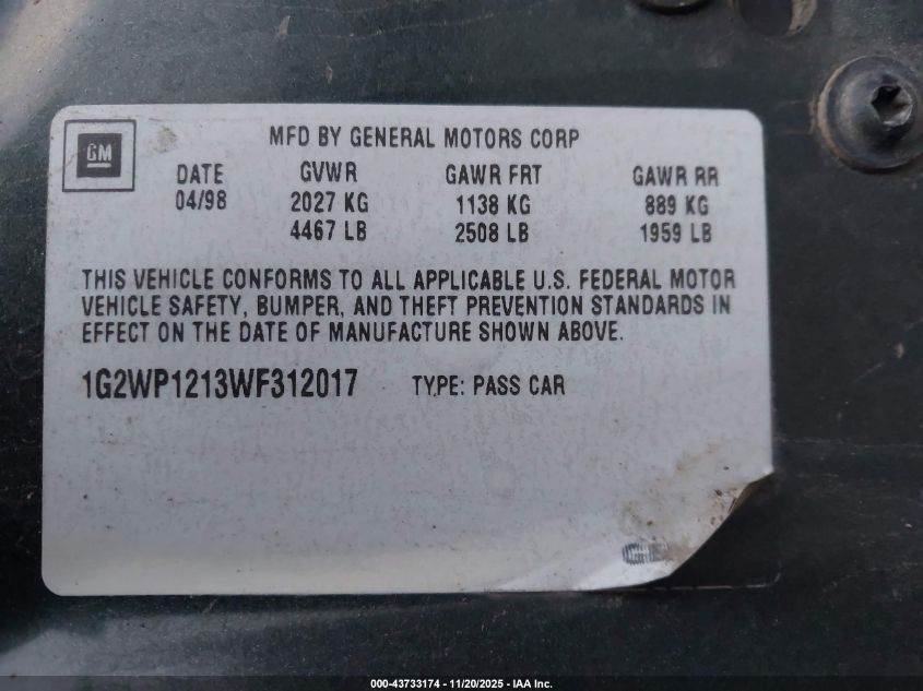 1998 Pontiac Grand Prix Gt VIN: 1G2WP1213WF312017 Lot: 43733174