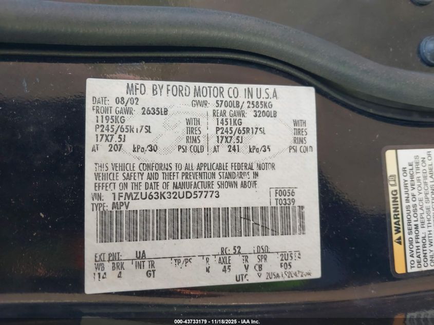 2002 Ford Explorer Xlt VIN: 1FMZU63K32UD57773 Lot: 43733179