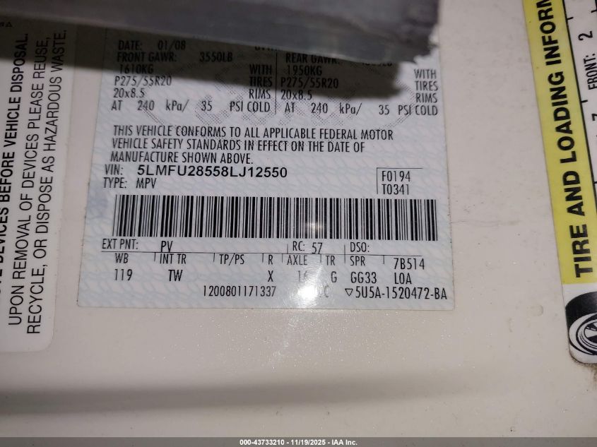 2008 Lincoln Navigator VIN: 5LMFU28558LJ12550 Lot: 43733210