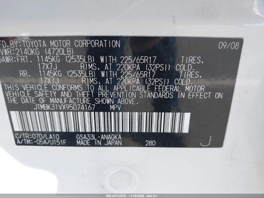 2009 Toyota Rav4 Limited V6 VIN: JTMBK31VX95074167 Lot: 43733235