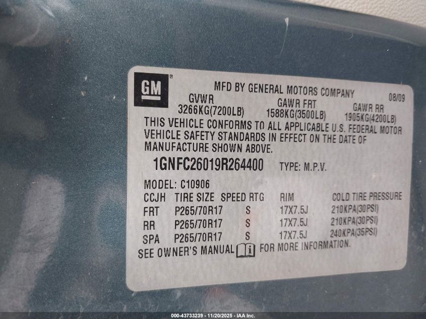 2009 Chevrolet Suburban 1500 Lt2 VIN: 1GNFC26019R264400 Lot: 43733239