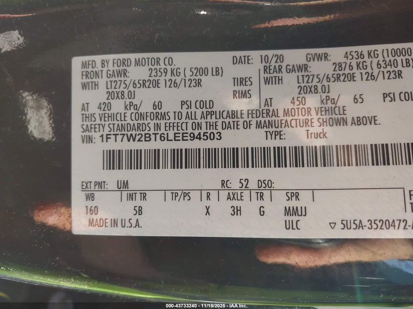 2020 Ford F-250 Lariat VIN: 1FT7W2BT6LEE94503 Lot: 43733240